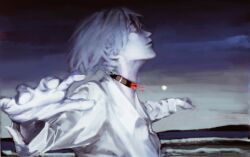 Rule 34 | 1boy, ayez, bleeding, blood, collared shirt, commentary, english commentary, explosion, facing up, grey hair, highres, long sleeves, male focus, nagisa kaworu, neon genesis evangelion, outstretched arms, profile, rebuild of evangelion, shirt, short hair, sky, solo, spread arms, upper body, white shirt