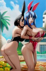 2girls alternate_costume animal_ears areola_slip ass bare_shoulders black_eyes black_hair blue_eyes blue_hair blue_sky blush bra_(dragon_ball) breast_grabbed_from_behind breast_press breasts day dragon_ball dragonball_z earrings elite_nappa fake_animal_ears flower grabbing_another&#039;s_breast grass groping hug hug_from_behind jewelry large_breasts leotard lips long_hair looking_back multiple_girls nipple_slip nipples novasayajingoku palm_tree pan_(dragon_ball) playboy_bunny pool short_hair sky smile tree wrist_cuffs yuri