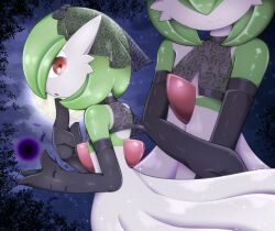 Rule 34 | 1girl, bare shoulders, black gloves, black shirt, blue sky, bob cut, closed mouth, clothed pokemon, cloud, colored skin, creatures (company), crop top, elbow gloves, female focus, flat chest, floral print, from behind, full moon, game freak, gardevoir, gen 3 pokemon, gloves, green hair, green skin, hand to own mouth, hand up, hands up, happy, head out of frame, highres, holding own arm, index finger raised, looking at viewer, looking back, moon, multicolored skin, multiple views, night, nintendo, open mouth, outdoors, pokemon, pokemon (creature), pokemon move, red eyes, see-through, see-through shirt, shadow ball (pokemon), shiny skin, shirt, short hair, sky, sleeveless, sleeveless shirt, smile, sparkle, standing, tahita, two-tone skin, veil, white skin