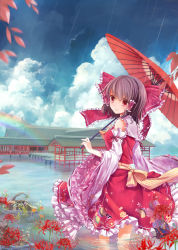 Rule 34 | 1girl, adapted costume, architecture, bad id, bad pixiv id, blonde hair, bow, brown hair, cloud, day, detached sleeves, east asian architecture, embellished costume, female focus, flower, frills, gathers, hair bow, hair tubes, hakurei reimu, in water, japanese clothes, lolita fashion, looking back, miko, oil-paper umbrella, rain, rainbow, red eyes, ribbon, short hair, smile, solo, spider lily, submerged, touhou, tsukimiya kamiko, umbrella, wa lolita, wading