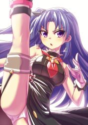 Rule 34 | 1girl, bare shoulders, blue eyes, blue hair, blush, breasts, cinderella (mary skelter), earrings, hair ornament, jewelry, kneepits, leg up, looking at viewer, mary skelter, mizunashi (second run), panties, pantyshot, solo, standing, standing on one leg, thigh strap, underwear, v-shaped eyebrows, white background