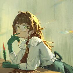 Rule 34 | 1girl, arm on table, brown hair, elbow on table, eyewear strap, feathers, finger in own mouth, from side, glasses, gloves, green background, green eyes, green feathers, green gloves, green skirt, hair over shoulder, hand up, highres, holding, holding feather, kakania (reverse:1999), leaning forward, long hair, long sleeves, looking at viewer, moondown (twtmoondown), reverse:1999, round eyewear, shirt, sidelighting, skirt, solo, table, upper body, white shirt