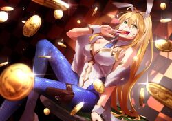 Rule 34 | 1girl, absurdres, animal ears, artoria pendragon (all), artoria pendragon (fate), artoria pendragon (swimsuit ruler) (fate), bare shoulders, blonde hair, blue necktie, blue pantyhose, braid, breasts, card, casino card table, cleavage, clothing cutout, detached collar, fate/grand order, fate (series), fishnet pantyhose, fishnets, green eyes, hair between eyes, highleg, highleg leotard, highres, large breasts, leotard, long hair, looking at viewer, navel cutout, necktie, omame korokor, pantyhose, playboy bunny, playing card, poker chip, ponytail, rabbit ears, sidelocks, solo, table, tiara, white leotard, wrist cuffs