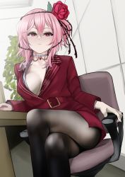 Rule 34 | 1girl, absurdres, alternate costume, black pantyhose, breasts, bright pupils, chair, choker, cleavage, collared shirt, crossed legs, flower, grey shirt, hair flower, hair ornament, half-closed eyes, highres, jacket, looking at viewer, medium breasts, nijisanji, nijisanji en, office chair, office lady, pantyhose, parted lips, pink hair, plant, pupi (rain prophet), red eyes, red flower, red jacket, red rose, rose, rosemi lovelock, shirt, short sidetail, sitting, solo, spikes, swivel chair, vines, virtual youtuber, white choker, white pupils