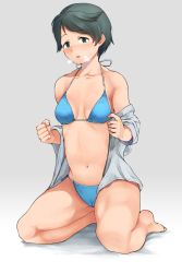 Rule 34 | 10s, 1girl, barefoot, bikini, black hair, blue bikini, blush, breasts, breath, cameltoe, dress shirt, green eyes, grey background, kantai collection, kneeling, looking at viewer, mogami (kancolle), open clothes, open shirt, shirt, short hair, side-tie bikini bottom, simple background, small breasts, solo, swimsuit, tooku nomura (artist)