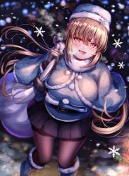 Rule 34 | 1girl, belt, belt buckle, black belt, black pantyhose, black skirt, blue hat, blue santa costume, blush, brown eyes, brown hair, buckle, christmas, hair between eyes, hair ornament, hairclip, hat, highres, holding, holding sack, kantai collection, long hair, long sleeves, low twintails, open mouth, pantyhose, pleated skirt, pom pom (clothes), sabakuomoto, sack, santa costume, skirt, smile, snowflakes, solo, tashkent (kancolle), twintails
