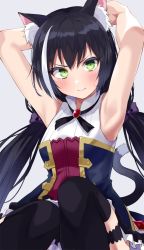 Rule 34 | 1girl, animal ear fluff, animal ears, armpits, arms behind head, arms up, black hair, black thighhighs, blush, breasts, cat ears, cat girl, cat tail, dress, gomashi (goma), green eyes, high collar, highres, karyl (princess connect!), looking at viewer, low twintails, medium breasts, multicolored hair, princess connect!, simple background, sleeveless, sleeveless dress, solo, streaked hair, tail, thighhighs, twintails, white hair
