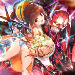 Rule 34 | 1girl, ahoge, apron, ass, bowl, breasts, brown hair, food, fu-mi.a, hard hat, helmet, highres, holding, holding bowl, kamaboko, looking at viewer, meat, mecha, narutomaki, noodles, open mouth, orange apron, panties, ramen, riot destrudo, robot, small breasts, sound voltex, sound voltex ii infinite infection, sound voltex iii gravity wars, striped clothes, striped panties, underwear, yamashina kanade, yellow eyes