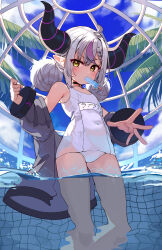 Rule 34 | 1girl, absurdres, ahoge, black choker, black horns, blue sky, braid, braided bangs, choker, clenched hand, cloud, coat, coat partially removed, covered navel, day, demon girl, demon horns, double bun, flat chest, food, food in mouth, grey hair, hair bun, highres, hololive, horns, indoors, la+ darknesss, light blush, looking at viewer, mouth hold, multicolored hair, name tag, old school swimsuit, one-piece swimsuit, open clothes, open coat, open hand, palm tree, pointy ears, pool, popsicle, purple coat, purple hair, school swimsuit, sidelocks, sky, solo, streaked hair, striped horns, swimsuit, trap (drthumt), tree, v-shaped eyebrows, virtual youtuber, wading, water, white one-piece swimsuit, yellow eyes