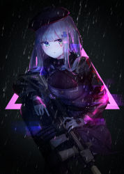 Rule 34 | 1girl, :o, absurdres, aritsuno, assault rifle, beret, black hat, black skirt, black thighhighs, blunt bangs, blush, breasts, buttons, collar, eyes visible through hair, facial mark, girls&#039; frontline, gloves, green eyes, grey gloves, gun, h&amp;k hk416, hair between eyes, hair ornament, hair over shoulder, hat, highres, hk416 (girls&#039; frontline), holding, holding gun, holding weapon, jacket, long hair, long sleeves, looking at viewer, medium breasts, military jacket, neon lights, night, parted lips, rain, rifle, silver hair, simple background, sitting, skirt, solo, suppressor, teardrop, thighhighs, trigger discipline, water drop, weapon