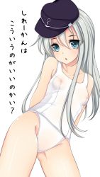 Rule 34 | 10s, 1girl, blue eyes, breasts, covered erect nipples, hat, hibiki (kancolle), highres, kantai collection, kiyomin, long hair, nipples, one-piece swimsuit, school swimsuit, see-through, silver hair, small breasts, solo, swimsuit, translation request, white school swimsuit, white one-piece swimsuit