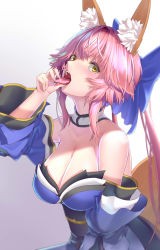 Rule 34 | 1girl, absurdres, animal ear fluff, animal ears, blue bow, blue kimono, bow, breasts, detached collar, detached sleeves, fate/extra, fate (series), fox ears, fox girl, fox tail, hair bow, highres, japanese clothes, kamehito, kimono, large breasts, open mouth, pink hair, solo, split ponytail, tail, tamamo (fate), tamamo no mae (fate/extra), tongue, tongue out, upper body, yellow eyes