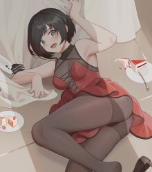 Rule 34 | 1girl, :d, armpits, ass, bare arms, bare shoulders, black hair, black pantyhose, breasts, cake, cleavage, dress, female focus, food, grey eyes, highres, looking at viewer, lying, medium breasts, on side, open mouth, pantyhose, plate, red dress, ruby rose, rwby, see-through, see-through cleavage, shoes, short hair, smile, solo, wangxiii