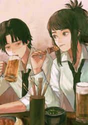 Rule 34 | 1boy, 1girl, alcohol, bags under eyes, beer, beer mug, black hair, chainsaw man, collared shirt, cup, dress shirt, eating, fuyukonbu, half-closed eyes, hand up, high ponytail, highres, hyknbz, kurose yutarou, long hair, long sleeves, looking at another, mug, necktie, open mouth, parted bangs, ponytail, scar, scar on face, shirt, short hair, simple background, sitting, skewer, sleeves rolled up, table, tendou michiko, upper body, white shirt