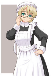 Rule 34 | adjusting eyewear, alternate costume, apron, bespectacled, black dress, blonde hair, blue eyes, blush, braid, closed mouth, darjeeling (girls und panzer), dress, enmaided, frilled apron, frills, girls und panzer, glasses, hand on own hip, hat, highres, long sleeves, looking at viewer, maid, maid apron, mob cap, smile, solo, swept bangs, uona telepin, white apron