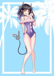 Rule 34 | 1girl, nanashi inc., absurdres, alternate costume, black hair, blue background, blush, breasts, clothing cutout, commentary request, demon girl, demon horns, demon tail, frilled one-piece swimsuit, frilled swimsuit, frills, full body, highres, horns, kojo anna, looking at viewer, medium breasts, medium hair, multicolored hair, navel, navel cutout, one-piece swimsuit, open mouth, palm tree, pointy ears, purple hair, purple one-piece swimsuit, robou no stone, smile, solo, sugar lyric, swimsuit, tail, tree, twintails, two-tone hair, virtual youtuber, yellow eyes