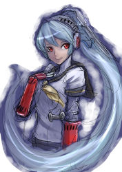 Rule 34 | 1girl, android, atlus, blue hair, headphones, joints, labrys (persona), long hair, megami tensei, persona, persona 4, persona 4: the ultimate in mayonaka arena, ponytail, red eyes, robot joints, school uniform, serafuku, shin megami tensei, sketch, smile, solo, sowel (sk3), very long hair