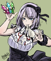 Rule 34 | 10s, 1girl, breasts, butcha-u, dagashi kashi, female focus, flower, green background, hairband, large breasts, looking at viewer, nail polish, purple eyes, purple hair, red nails, rose, sexually suggestive, shidare hotaru, simple background, smile, solo, suggestive fluid