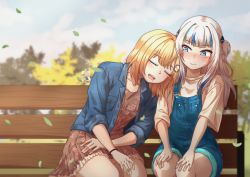 Rule 34 | 2girls, alternate costume, bench, blonde hair, blue eyes, blue hair, blue jacket, blue overalls, blush, brown dress, denim, denim jacket, dress, closed eyes, floral print, gawr gura, highres, hololive, hololive english, iskaydi, jacket, leaf, leaning on person, looking down, multicolored hair, multiple girls, open mouth, overall shorts, overalls, park bench, silver hair, sleeping, smile, streaked hair, two side up, virtual youtuber, watson amelia, yuri