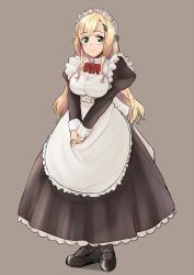 Rule 34 | 1girl, apron, black dress, black footwear, black pantyhose, blonde hair, blush, brown background, closed mouth, commentary request, dress, full body, green eyes, hair ornament, hairclip, highres, iga tamaki, juliet sleeves, long hair, long sleeves, maid, maid apron, maid headdress, mary janes, original, own hands together, pantyhose, puffy sleeves, shoes, simple background, smile, solo, standing, very long hair, white apron
