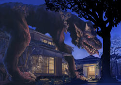 Rule 34 | architecture, beast, building, claws, destruction, east asian architecture, horns, house, lights, monster, night, no humans, original, red eyes, teeth, tree, wakayasu