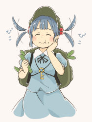 Rule 34 | 1girl, :t, backpack, bag, black ribbon, blue hair, blue skirt, blush, blush stickers, chewing, chii-kun (seedyoulater), closed mouth, cucumber, eating, expressive hair, closed eyes, foodgasm, hair bobbles, hair ornament, happy, hat, kawashiro nitori, key, puffy short sleeves, puffy sleeves, ribbon, short sleeves, simple background, skirt, solo, touhou, two side up