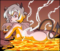 Rule 34 | 1girl, alcohol, artist name, ass, bare back, bath, bathing, bent over, black horns, black nails, bob cut, breasts, closed mouth, completely nude, demon girl, demon horns, demon tail, elbow rest, from behind, from side, frown, glass, gradient background, helltaker, highres, horns, ice, ice cube, large breasts, lava, lava bath, leaning forward, looking back, looking to the side, malina (helltaker), nail polish, nude, one eye closed, onsen, orange background, prinnywesker, red background, red eyes, ringed eyes, short hair, shoulder blades, signature, sketch, smoke, solo, tail, v-shaped eyebrows, wavy mouth, whiskey, white hair