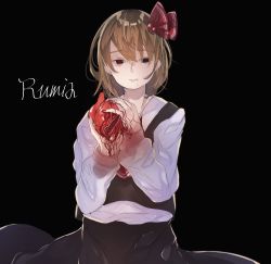Rule 34 | 1girl, bad id, bad pixiv id, black background, blonde hair, blood, blood from mouth, blood stain, character name, expressionless, heart (organ), highres, poji east24, rumia, sketch, solo, touhou