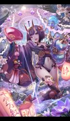 Rule 34 | 1girl, ankle ribbon, architecture, bare shoulders, bell, black legwear, blunt bangs, breasts, cup, east asian architecture, fate/grand order, fate (series), flower, full moon, gourd, hair flower, hair ornament, hand fan, head tilt, highres, horns, japanese clothes, jingle bell, kimono, kneeling, lantern, leg ribbon, letterboxed, looking at viewer, moon, obi, oni, open mouth, pouring, purple eyes, purple hair, red ribbon, revision, ribbon, sakazuki, sash, short hair, shuten douji (fate), skin-covered horns, small breasts, smile, solo, torino aqua