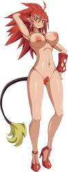 Rule 34 | 1girl, :3, beast master (disgaea), breasts, disgaea, dismania (xenoman), earrings, high heels, highres, jewelry, large breasts, naked shoes, nipples, nude, orange hair, pointy ears, pubic hair, red heels, solo, tail, yellow eyes