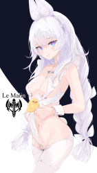 Rule 34 | 1girl, absurdres, animal ear fluff, animal ears, azur lane, bare arms, black background, bow, braid, braided ponytail, breasts, character name, choker, closed mouth, clover hair ornament, cowboy shot, cross-shaped pupils, crotchless, crotchless pantyhose, gradient eyes, groin, hair bow, hair ornament, hairband, highres, kooemong, le malin (azur lane), le malin (listless lapin) (azur lane), leotard, leotard pull, long hair, looking at viewer, manjuu (azur lane), multicolored eyes, navel, o-ring, o-ring choker, official alternate costume, pantyhose, playboy bunny, pulling own clothes, purple eyes, rabbit ears, rabbit girl, rabbit tail, raised eyebrows, revealing clothes, sidelocks, single braid, skindentation, small breasts, solo, stomach, symbol-shaped pupils, tail, thigh strap, two-tone background, very long hair, white background, white bow, white choker, white hair, white leotard, white pantyhose, white wrist cuffs, wrist cuffs