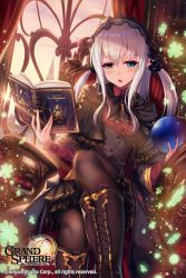 Rule 34 | 1girl, black dress, black footwear, black pantyhose, blue eyes, blush, book, boots, capelet, clover, couch, cross-laced footwear, crystal ball, dress, evening, four-leaf clover, fukai ryosuke, grand sphere, green eyes, hairband, holding, holding book, knee boots, lace-up boots, lolita hairband, long hair, long sleeves, looking at viewer, official art, open book, open mouth, pantyhose, pointy ears, shiny clothes, sidelocks, silver hair, sitting, solo, two side up, wide sleeves