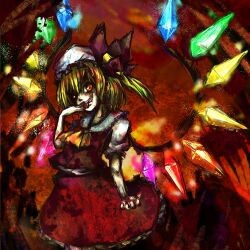 Rule 34 | 1girl, ascot, blonde hair, blood, blood from mouth, blood on hands, breasts, collared shirt, cowboy shot, crystal, flandre scarlet, frilled shirt collar, frilled skirt, frills, glowing, glowing wings, hand to own mouth, head tilt, looking at viewer, medium hair, mikagura, multicolored wings, one side up, open mouth, red background, red eyes, red skirt, red theme, red vest, shirt, skirt, small breasts, solo, tongue, tongue out, touhou, vest, white headwear, white shirt, wings, yellow ascot