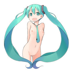 Rule 34 | 1girl, :d, aqua eyes, aqua hair, arms behind back, breasts, cleft of venus, hatsune miku, long hair, looking at viewer, nakashino setsu, naked necktie, necktie, nipples, nude, open mouth, pussy, simple background, small breasts, smile, solo, twintails, uncensored, very long hair, vocaloid, white background