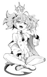 Rule 34 | 1girl, :d, absurdres, ahoge, blue archive, blue eyes, breasts, food, greyscale, halo, hayashi itsuki, highres, holding, holding food, indian style, jacket, looking at viewer, momoka (blue archive), monochrome, necktie, open clothes, open jacket, open mouth, shirt, shoes, short hair, simple background, sitting, sleeveless, sleeveless shirt, small breasts, smile, solo, tail, thighs, twintails, white background
