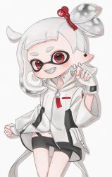Rule 34 | 1girl, bike shorts, black shorts, collarbone, earrings, gloves, grey hair, highres, inkling, inkling girl, inkling player character, jacket, jewelry, lemo (lemo 4), looking at viewer, medium hair, nintendo, one side up, open mouth, pointy ears, pouch, red eyes, shorts, simple background, smile, solo, splatoon (series), standing, teeth, tentacle hair, thick eyebrows, white background, white gloves, white jacket, zipper, zipper pull tab