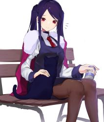 Rule 34 | 1girl, absurdres, bench, black pantyhose, can, cat, highres, holding, holding can, jill stingray, long hair, long sleeves, miniskirt, necktie, pantyhose, park bench, pencil skirt, purple hair, purple skirt, purple vest, red eyes, red necktie, shirt, sidelocks, sitting, skirt, smile, solo, twintails, va-11 hall-a, vest, white shirt, yanagui