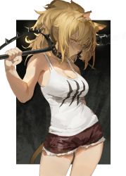 Rule 34 | 1girl, absurdres, animal ears, arknights, black background, border, breasts, cleavage, cowboy shot, enn matien, fur-trimmed shorts, fur trim, hair between eyes, highres, holding, holding weapon, large breasts, lion ears, lion girl, lion tail, long hair, looking at viewer, mouth hold, outside border, over shoulder, ponytail, red shorts, short shorts, shorts, siege (arknights), solo, stalk in mouth, tail, war hammer, weapon, weapon over shoulder, white background, white border, yellow eyes