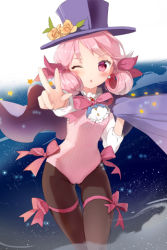 Rule 34 | 1girl, anmi, black pantyhose, blush, bow, cameltoe, cape, crescent conundrum, flower, frills, hair ribbon, hair rings, hat, leotard, lowres, one eye closed, open mouth, outstretched hand, pantyhose, pink eyes, pink hair, ribbon, rose, short hair, solo, star (symbol), sword girls, thighhighs, top hat, v, wink