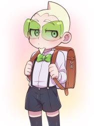 Rule 34 | 1boy, aged down, backpack, bag, black shorts, black thighhighs, blonde hair, blue eyes, blush, bow, bowtie, brown bag, chacha (ss 5087), closed mouth, commentary request, creatures (company), faba (pokemon), facial hair, game freak, goatee, green-tinted eyewear, green bow, green bowtie, long sleeves, male focus, nintendo, pokemon, pokemon sm, school uniform, shirt, short hair, shorts, sideways glance, solo, sunglasses, suspenders, thighhighs, tinted eyewear, white shirt