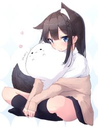 Rule 34 | 1girl, absurdres, animal, animal ear fluff, animal ears, black skirt, black socks, blue eyes, blush, brown cardigan, brown hair, cardigan, cat, closed mouth, collared shirt, commentary request, crossed ankles, full body, hair between eyes, hair ornament, highres, kneehighs, long hair, long sleeves, looking at viewer, mayogii, no shoes, off shoulder, open cardigan, open clothes, original, pleated skirt, shirt, sitting, skirt, sleeves past wrists, socks, solo, sparkle background, tail, translation request, white background, white shirt, x hair ornament