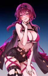 Rule 34 | 1girl, bikini, black jacket, blush, breasts, choker, cleavage, collarbone, cowboy shot, eyewear on head, foxyreine, gradient background, hand on own thigh, high-waist shorts, highres, honkai: star rail, honkai (series), jacket, jewelry, kafka (honkai: star rail), large breasts, licking lips, long hair, long jacket, long sleeves, looking at viewer, purple bikini, purple eyes, purple hair, round eyewear, shorts, single bare shoulder, smile, solo, spider web print, sunglasses, swimsuit, tongue, tongue out
