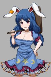 Rule 34 | 1girl, :d, animal ears, blue dress, blue hair, breasts, cleavage, cowboy shot, crescent print, dress, earclip, grey background, highres, kine, large breasts, long hair, looking at viewer, mallet, open mouth, rabbit ears, rabbit girl, red eyes, seiran (touhou), short sleeves, simple background, smile, solo, standing, star (symbol), star print, touhou, zawapirori