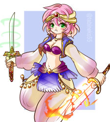 Rule 34 | 1girl, arabian clothes, breasts, cleavage, dual wielding, final fantasy, final fantasy v, harem outfit, harem pants, highres, holding, jewelry, lenna charlotte tycoon, medium breasts, mystic knight, pants, solo, square enix, tabineko55, vest