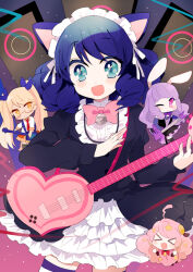 &gt;o&lt; 4girls ;) amesawa_mokke animal_ears bad_id bad_pixiv_id bell black_dress blonde_hair blue_eyes blue_hair bow bowtie cat_ears cat_girl cat_tail center_frills chuchu_(show_by_rock!!) cowboy_shot cyan_(show_by_rock!!) dress drill_hair electric_guitar fangs frilled_dress frilled_hairband frilled_skirt frills guitar hairband holding holding_guitar holding_instrument instrument juliet_sleeves long_sleeves looking_at_viewer moa_(show_by_rock!!) multiple_girls neck_bell one_eye_closed open_mouth pink_bow pink_bowtie puffy_sleeves retoree_(show_by_rock!!) short_hair show_by_rock!! skirt smile solo_focus standing tail white_hairband white_skirt