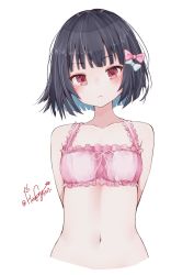 Rule 34 | 1girl, arms behind back, black hair, blunt bangs, blush, bow, bra, closed mouth, cropped torso, haggy, hair bow, highres, ishigaki (kancolle), kantai collection, pink bra, red eyes, short hair, short sleeves, simple background, solo, twitter username, underwear, upper body, white background