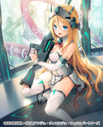 Rule 34 | 1girl, :d, ange vierge, armpit crease, assault rifle, bare shoulders, blonde hair, blue eyes, breasts, center opening, detached collar, detached sleeves, dress, gel (chiericyan), gun, headgear, holding, holding gun, holding weapon, long hair, long sleeves, looking at viewer, medium breasts, navel, official art, open mouth, pelvic curtain, revealing clothes, rifle, sitting, smile, solo, strapless, strapless dress, thighhighs, thighs, very long hair, weapon, white dress, white thighhighs