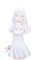 Rule 34 | 1girl, absurdres, arm behind back, artist request, cowboy shot, dress, female focus, hand on own head, highres, long hair, rwby, simple background, solo, standing, stuffed animal, stuffed toy, tagme, weiss schnee, white background, white eyes, white hair