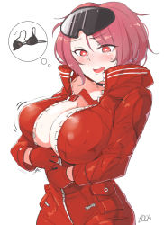 Rule 34 | 1girl, alternate hair color, artist name, black bra, black choker, blush, boca, bouncing breasts, bra, breasts, center opening, choker, cleavage, collarbone, covered erect nipples, eyewear on head, girls&#039; frontline, gloves, jacket, large breasts, no bra, open mouth, pink hair, pm-06 (girls&#039; frontline), red eyes, red gloves, red jacket, short hair, simple background, solo, spoken clothes, standing, sweat, tongue, underwear, white background, zipper, zipper pull tab, zipping