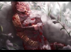 Rule 34 | 1girl, black gloves, blood, blood on clothes, blood on face, cloak, closed eyes, commentary, death, dress, elden ring, flower, gloves, grey dress, hh (hehexd06161704), highres, mechanical arms, millicent (elden ring), parted bangs, plant, prosthesis, prosthetic arm, red hair, scar, scar on face, short hair, short ponytail, single glove, single mechanical arm, sitting, solo, spoilers, white cloak, white flower